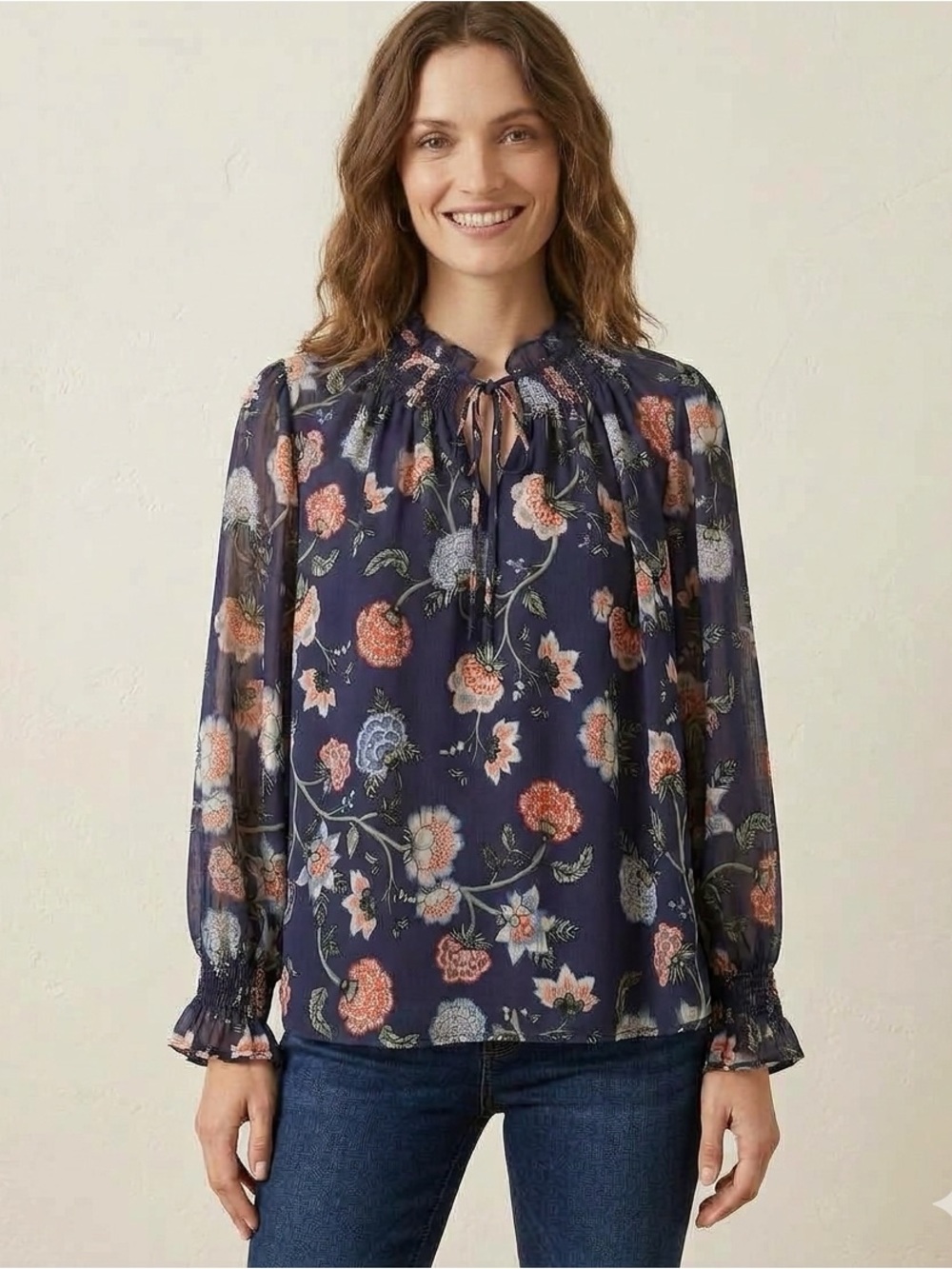 LOFT Navy Floral Tie-Neck Blouse with Ruffle Collar